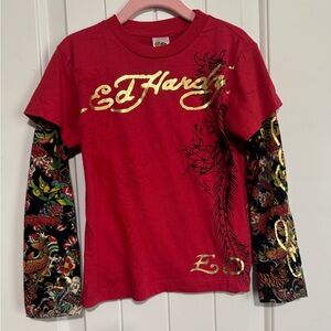 Ed Hardy Red and Black Kids Long Sleeve Tee NWT Sz 4-5 vintage style Y2K